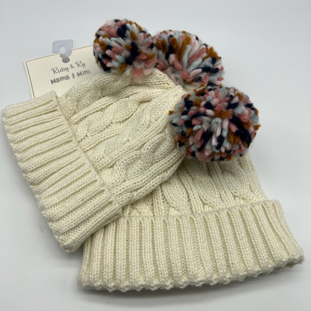 Ruby & Ry Mama and Mini Ivory Pom Pom Knit Hat Set